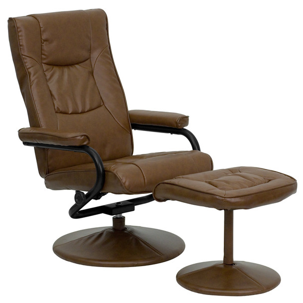Contemporary Multi-Position Recliner and Ottoman with Wrapped Base in Palimino Leather