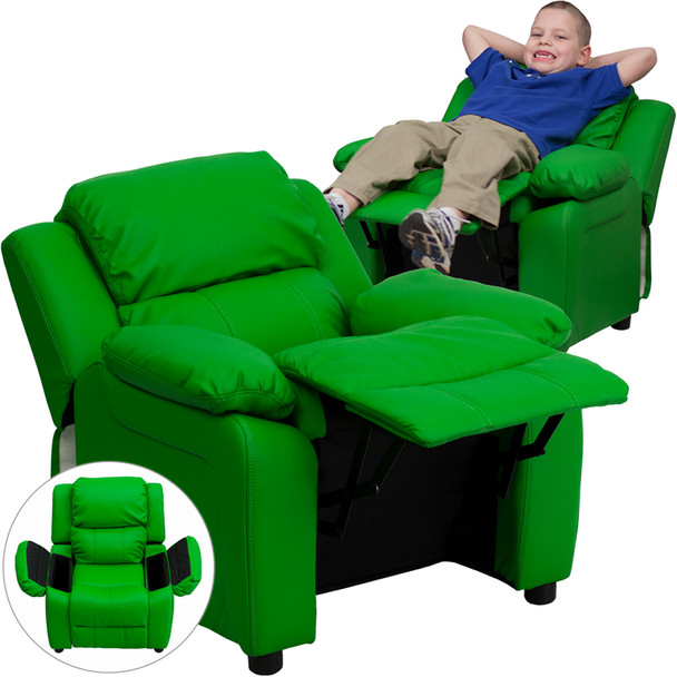 Deluxe Padded Contemporary Green Vinyl Kids Recliner with Storage Arms