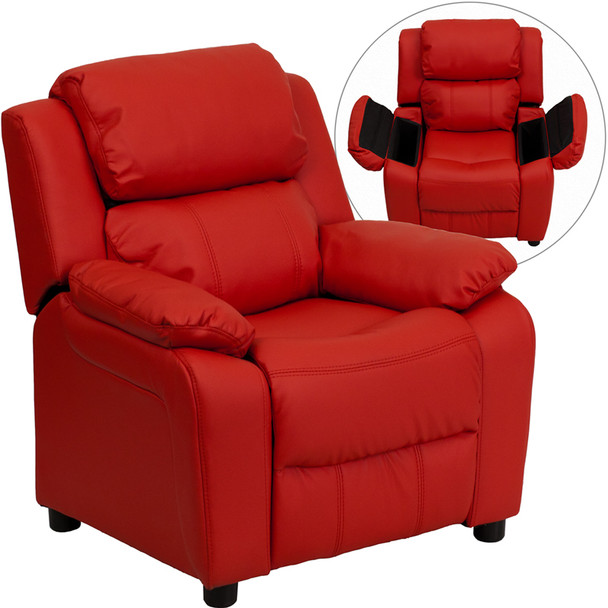 Deluxe Padded Contemporary Red Vinyl Kids Recliner with Storage Arms