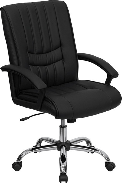 Mid-Back Black Leather Swivel Manager's Office Chair with Arms