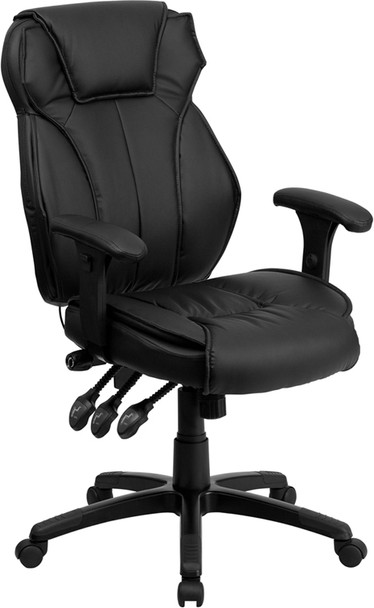 High Back Black Leather Multifunction Executive Swivel Ergonomic Office Chair with Lumbar Support Knob with Arms