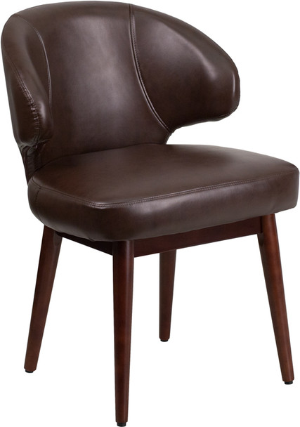 Comfort Back Series Brown Leather Side Reception Chair with Walnut Legs