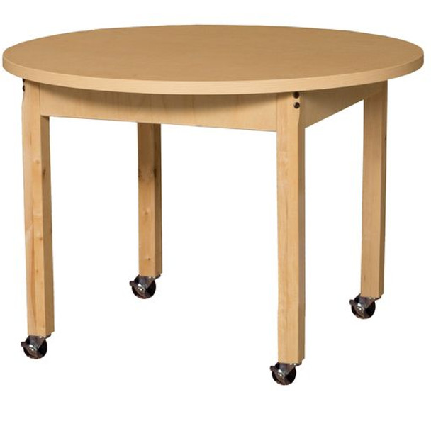 Mobile 36" Round High Pressure Laminate Table with Hardwood Legs