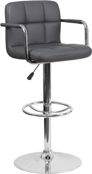 Contemporary Gray Quilted Vinyl Adjustable Height Barstool with Arms and Chrome Base