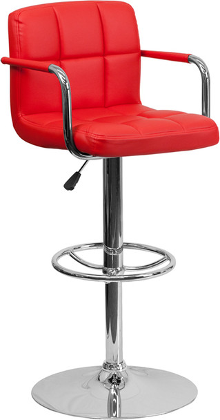 Contemporary Cozy Mid-Back Red Vinyl Adjustable Height Barstool with Chrome  Base