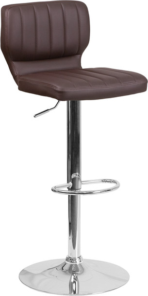 Contemporary Brown Vinyl Adjustable Height Barstool with Vertical Stitch Back and Chrome Base