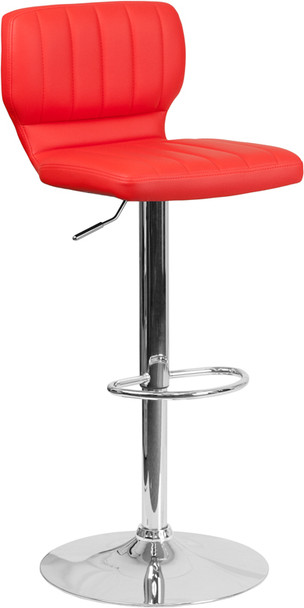 Contemporary Red Vinyl Adjustable Height Barstool with Vertical Stitch Back and Chrome Base