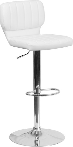 Contemporary White Vinyl Adjustable Height Barstool with Vertical Stitch Back and Chrome Base