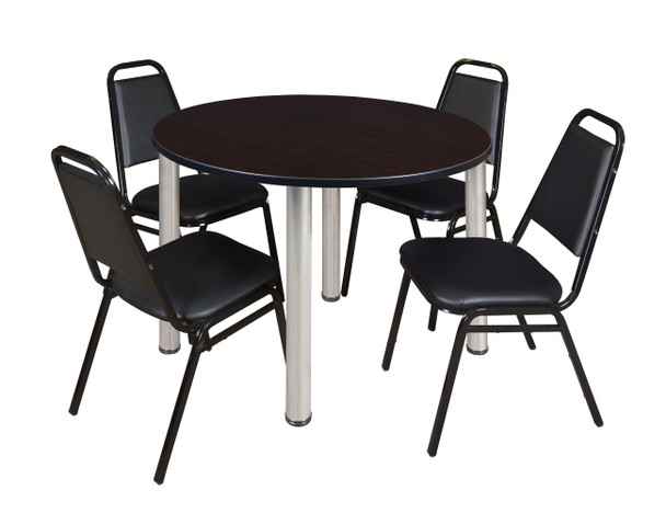 Kee Round Breakroom Table With 4 Black Restaurant Stack Chairs