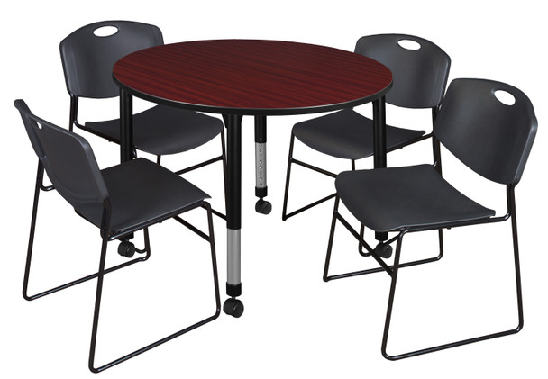 Kee Round Height Adjustable Mobile Classroom Table With 4 Black Zeng Stack Chairs