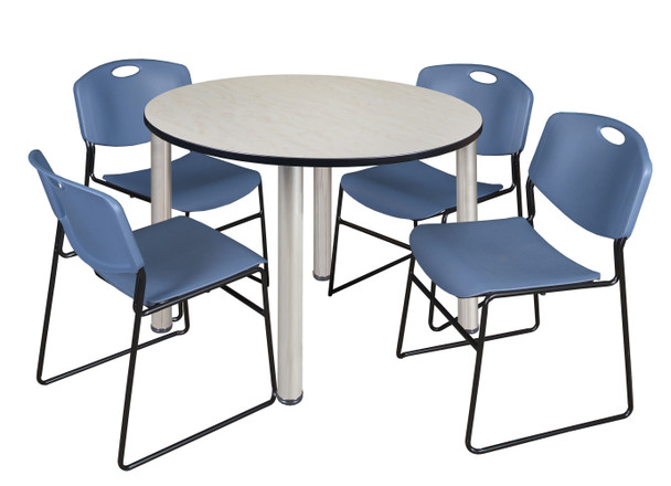 Kee 48" Round Breakroom Table With 4 Zeng Stack Chairs