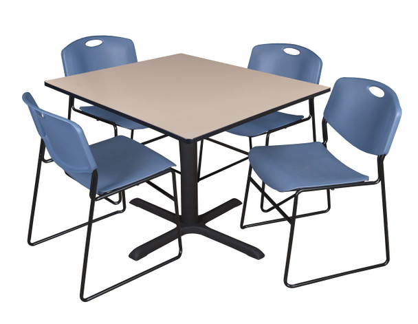 Cain 48" Square Breakroom Table With 4 Zeng Stack Chairs