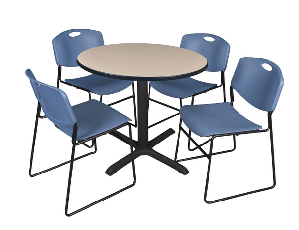 Cain 42" Round Breakroom Table With 4 Zeng Stack Chairs