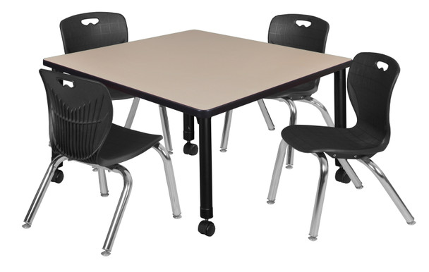 Kee 42" Square Height Adjustable Mobile Classroom Table With 4 Andy 12-in Stack Chairs