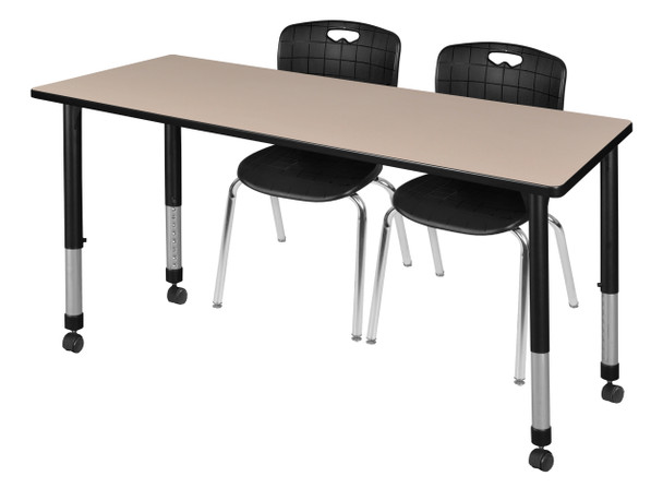 Kee 66" x 24" Height Adjustable Mobile Classroom Table With 2 Andy 18-in Stack Chairs