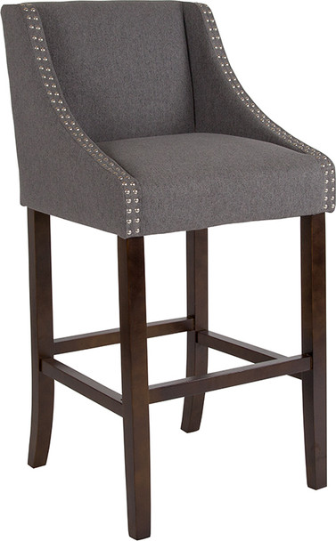 Carmel Series 30" High Transitional Walnut Barstool with Accent Nail Trim in Dark Gray Fabric