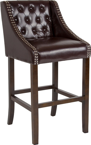 Carmel Series 30" High Transitional Tufted Walnut Barstool with Accent Nail Trim in Brown Leather