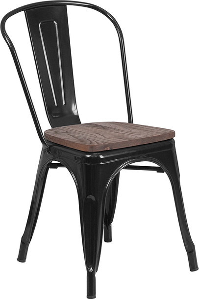 Black Metal Stackable Chair with Wood Seat