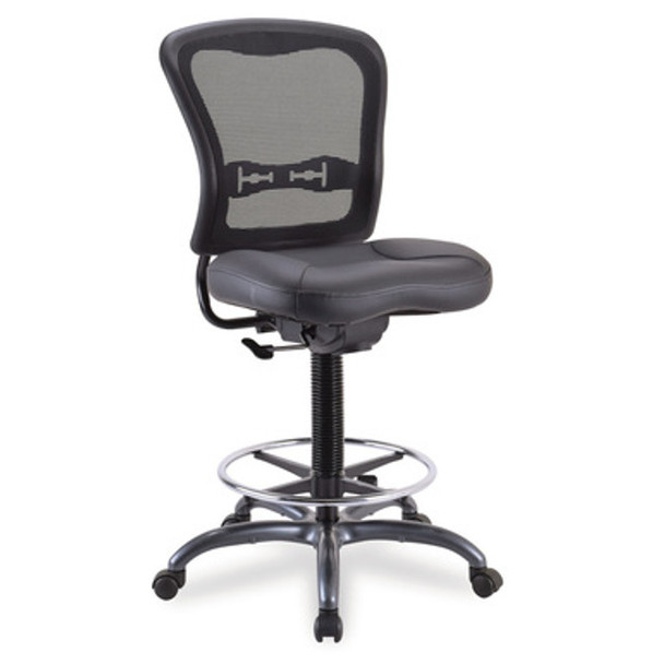 Armless, Mesh Back Task Stool with Black Leather Seat, Footring and Titanium Steel Base