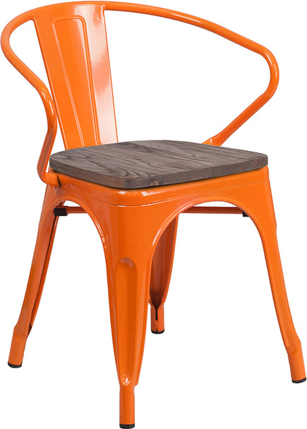 Orange Metal Chair with Wood Seat and Arms