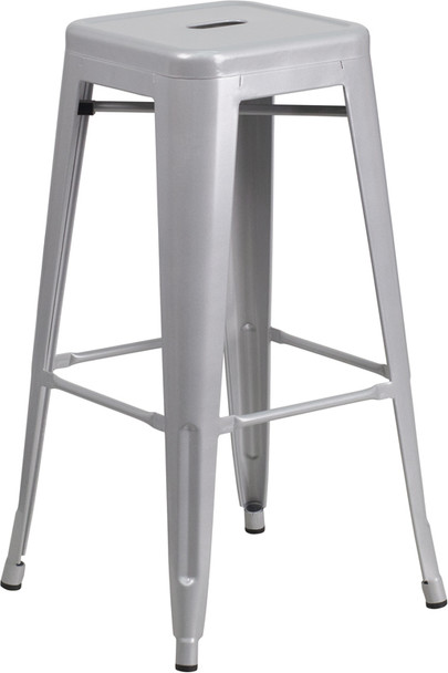 30'' High Backless Silver Metal Indoor-Outdoor Barstool with Square Seat