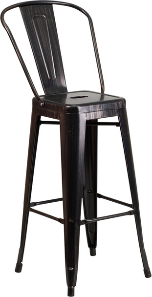 30'' High Black-Antique Gold Metal Indoor-Outdoor Barstool with Back