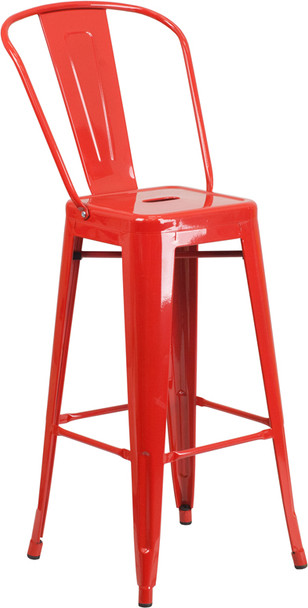 30'' High Red Metal Indoor-Outdoor Barstool with Back