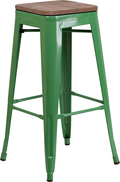 30" High Backless Green Metal Barstool with Square Wood Seat