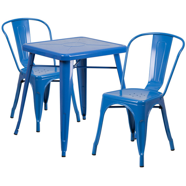 23.75'' Square Blue Metal Indoor-Outdoor Table Set with 2 Stack Chairs