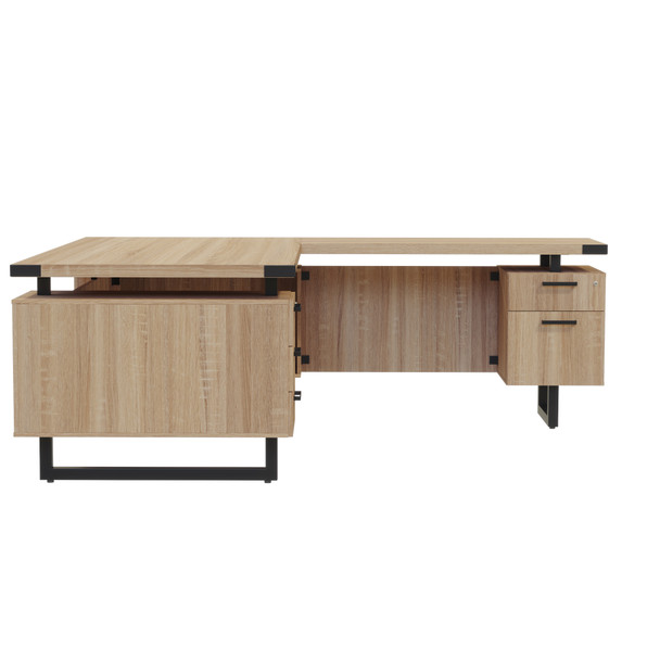 Mirella L-Shaped Desk in Sand Dune finish with black accents for classrooms and offices – Safco
