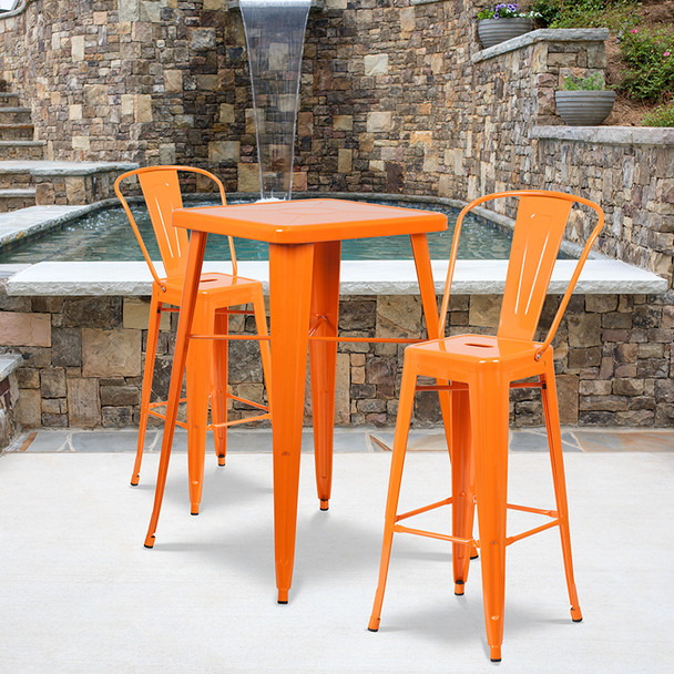 23.75'' Square Orange Metal Indoor-Outdoor Bar Table Set with 2 Stools with Backs