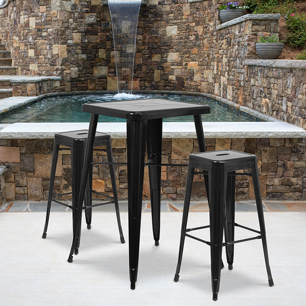 23.75'' Square Black Metal Indoor-Outdoor Bar Table Set with 2 Square Seat Backless Stools