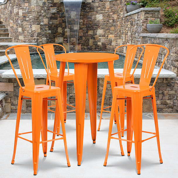 24'' Round Orange Metal Indoor-Outdoor Bar Table Set with 4 Cafe Stools