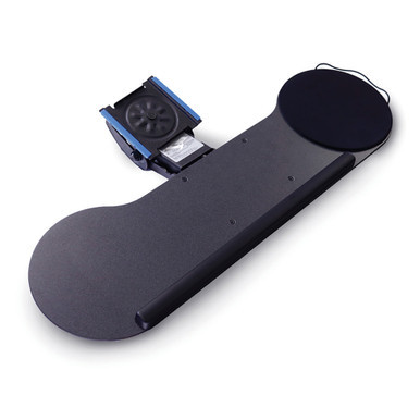 Ultra-compact NanoArm keyboard tray mechanism installed beneath a modern height adjustable office desk