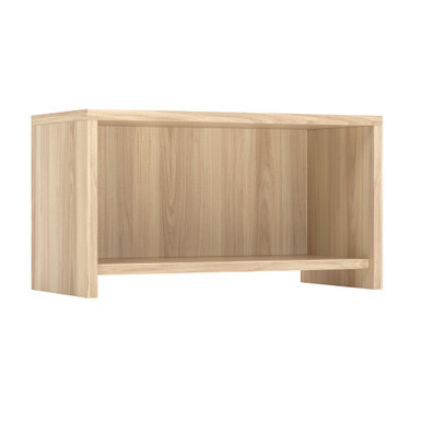 OfficeSource open wall mounted hutch in modern walnut finish installed above a professional executive office workstation