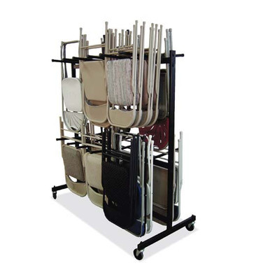 Heavy-duty folding chair cart storing 30 folding chairs in a modern office conference room setting
