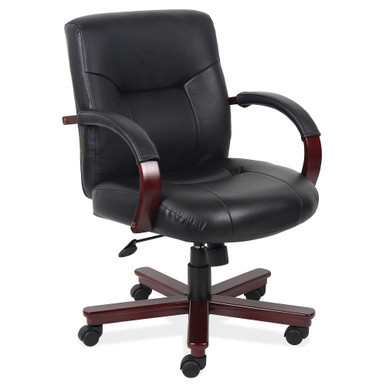 OfficeSource Spencer Collection mid back executive office chair with black vinyl upholstery and cherry mahogany wood frame in a professional office
