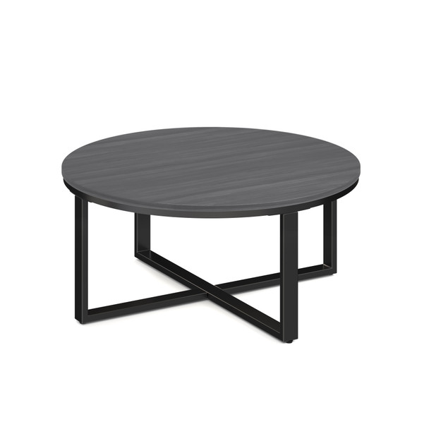 Kora 36 inch round quartz meeting table with steel cross base in a modern office setting