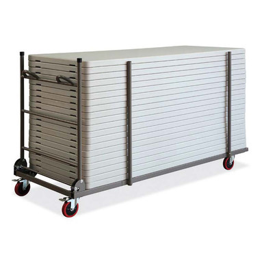 OfficeSource folding table trolley cart with locking wheels holding stacked blow molded rectangular tables in a commercial storage area
