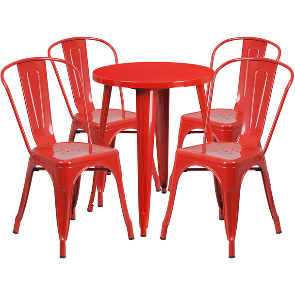 24'' Round Red Metal Indoor-Outdoor Table Set with 4 Cafe Chairs