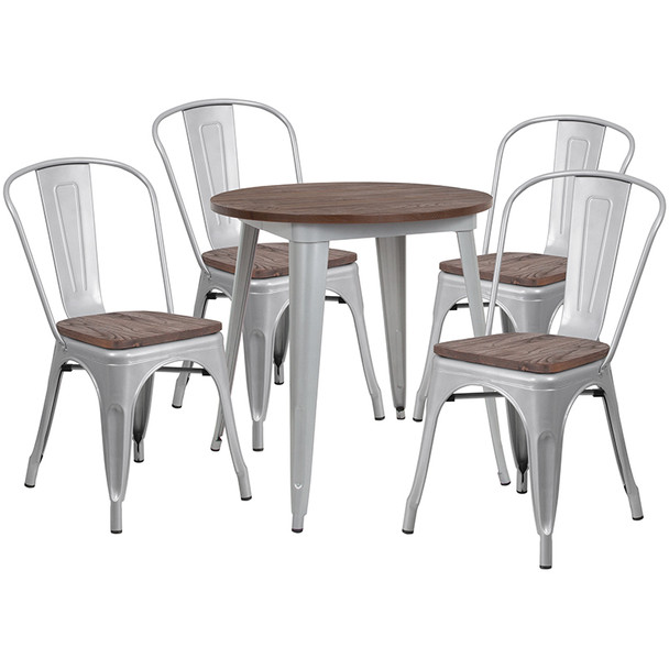 26" Round Silver Metal Table Set with Wood Top and 4 Stack Chairs