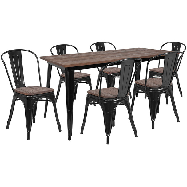30.25" x 60" Black Metal Table Set with Wood Top and 6 Stack Chairs