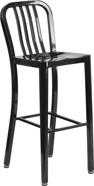 30'' High Black Metal Indoor-Outdoor Barstool with Vertical Slat Back