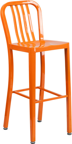 30'' High Orange Metal Indoor-Outdoor Barstool with Vertical Slat Back