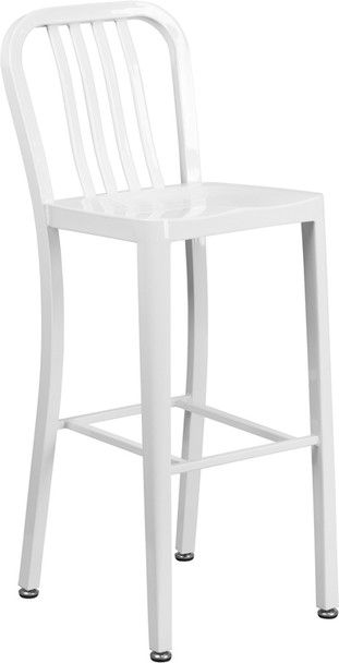 30'' High White Metal Indoor-Outdoor Barstool with Vertical Slat Back