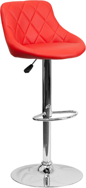 Contemporary Red Vinyl Bucket Seat Adjustable Height Barstool with Diamond Pattern Back and Chrome Base