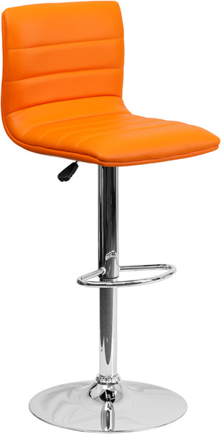 Contemporary Orange Vinyl Adjustable Height Barstool with Horizontal Stitch Back and Chrome Base