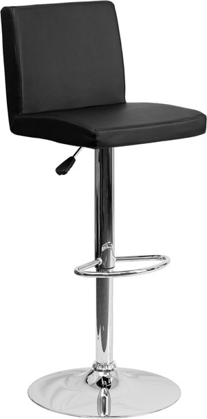 Contemporary Black Vinyl Adjustable Height Barstool with Panel Back and Chrome Base