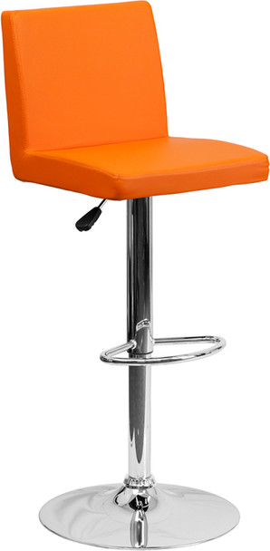 Contemporary Orange Vinyl Adjustable Height Barstool with Panel Back and Chrome Base