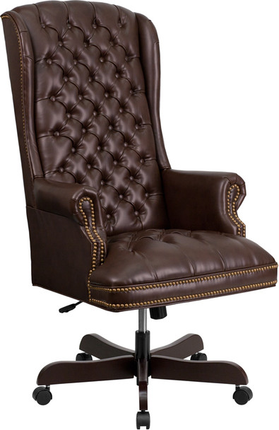 High Back Traditional Fully Tufted Brown Leather Executive Swivel Ergonomic Office Chair with Arms